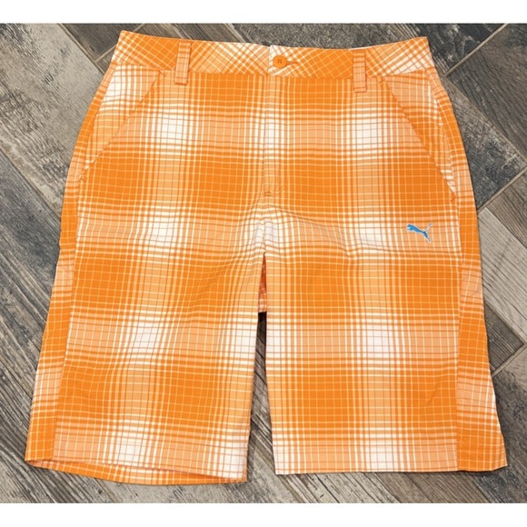 Puma Dry Cell Men's Shorts Orange Plaid Performance Golf Size 30 Style 560982 - Picture 1 of 6